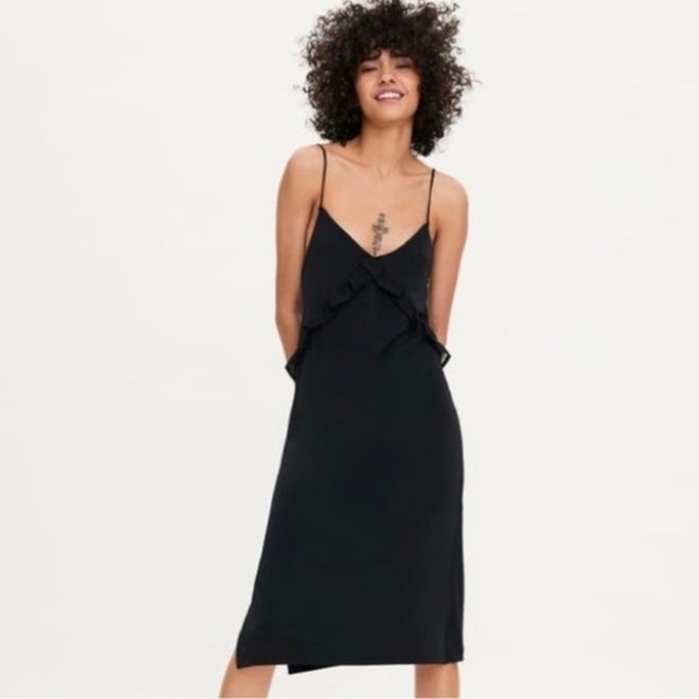 Zara Womens Black Ruffle Midi Slip Dress Spaghetti Strap V-Neck Medium